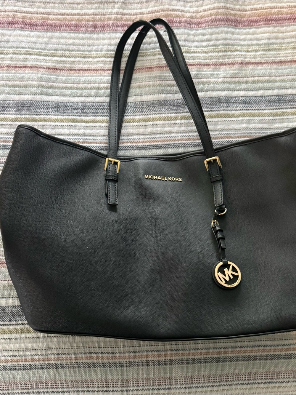 Michael Kors Black Leather Tote with Gold MK Charm